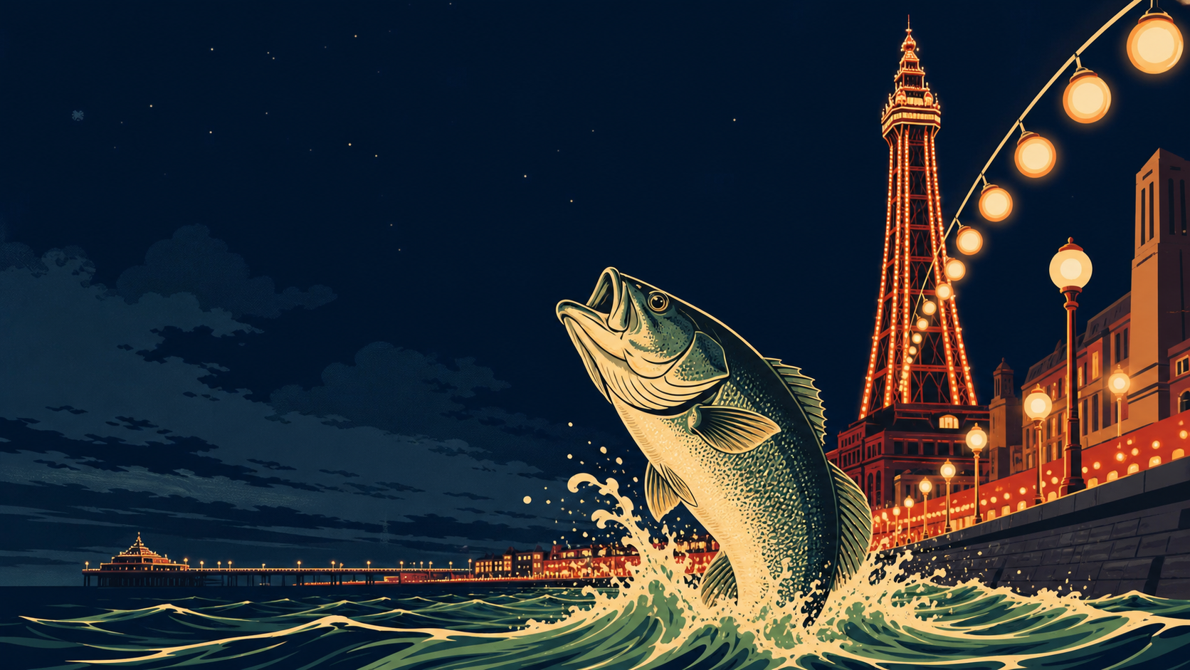 Retro bass poster with Blackpool Tower and illumination bulbs